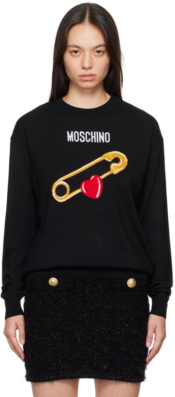 Photo: Moschino Black Intarsia Heart Safety Pin Sweater