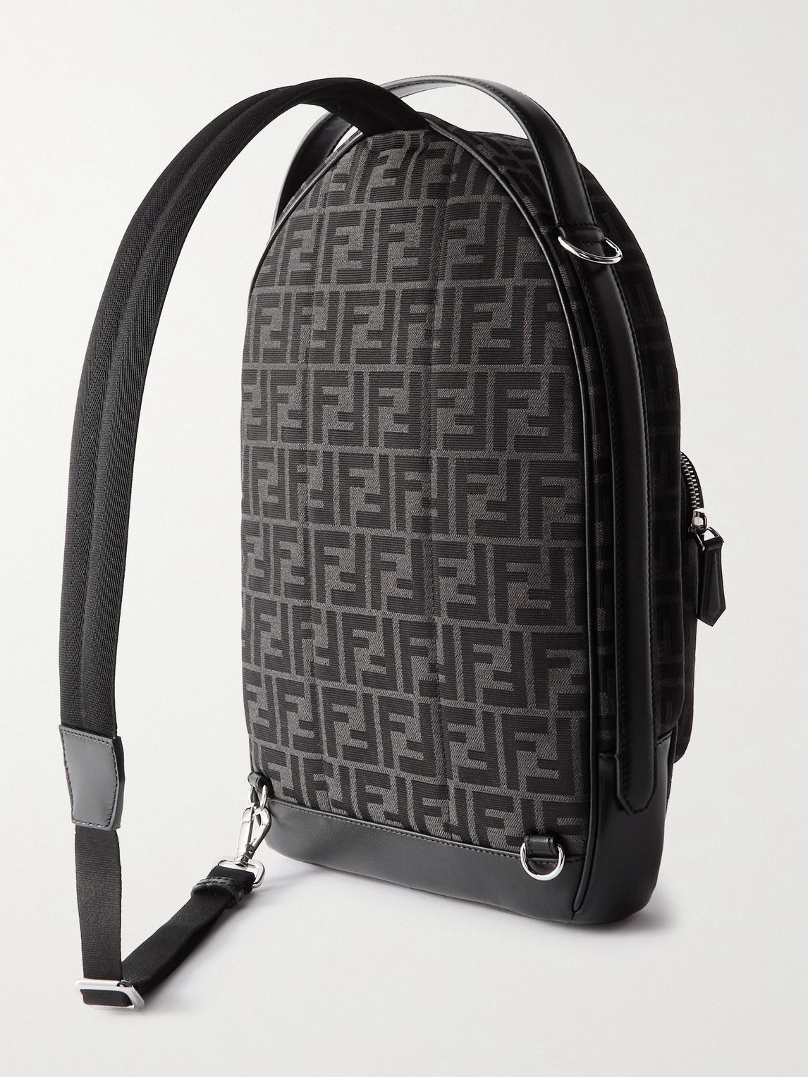 Leather-Trimmed Jacquard Sling Backpack