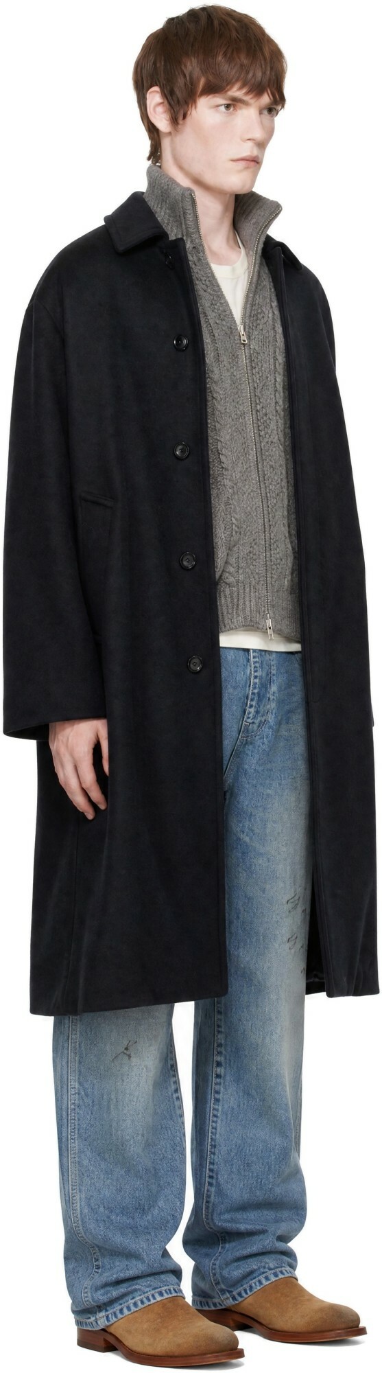 vowels Black Wool Overcoat