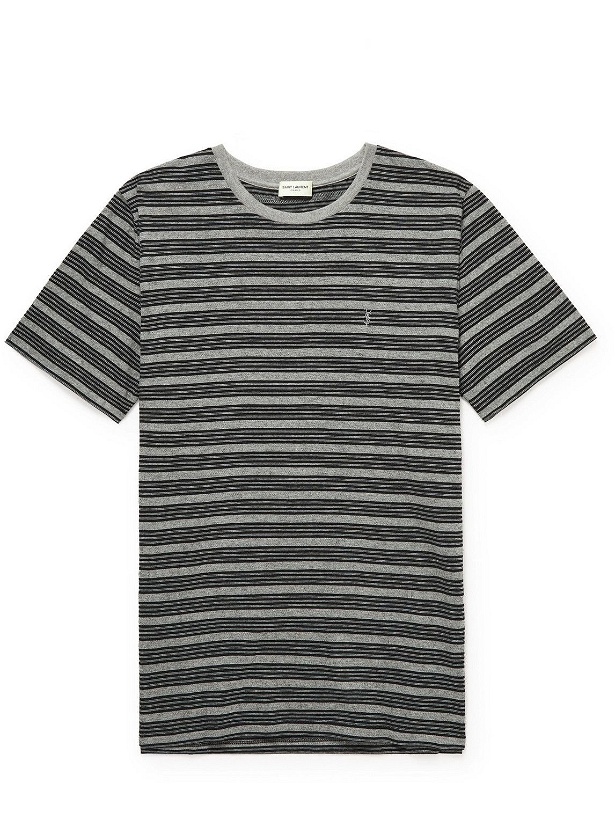Photo: SAINT LAURENT - Logo-Embroidered Striped Cotton-Jersey T-Shirt - Gray