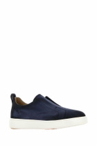 Santoni Navy Blue Suede Victory Slip Ons