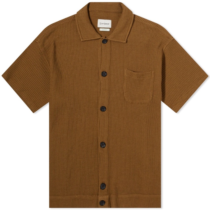 Photo: Oliver Spencer Men's Ashby Short Sleeve Jersey Shirt in Tobacco Brown