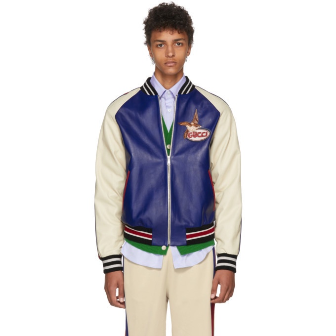 Photo: Gucci Blue and Beige Leather Bomber Jacket
