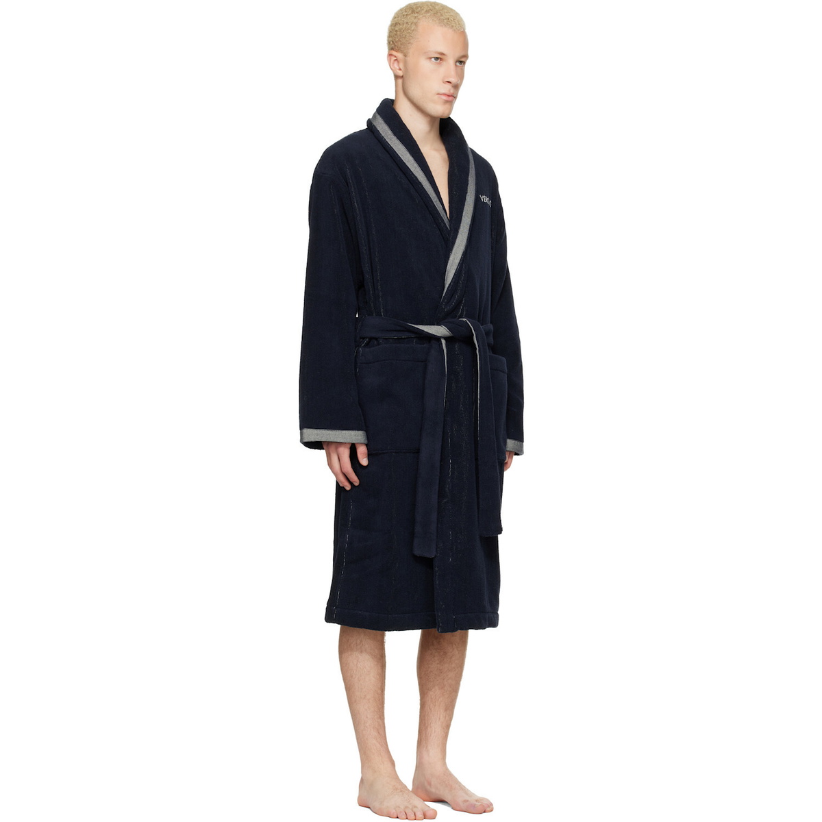 Versace Navy Cotton-Terry Jacquard Bathrobe