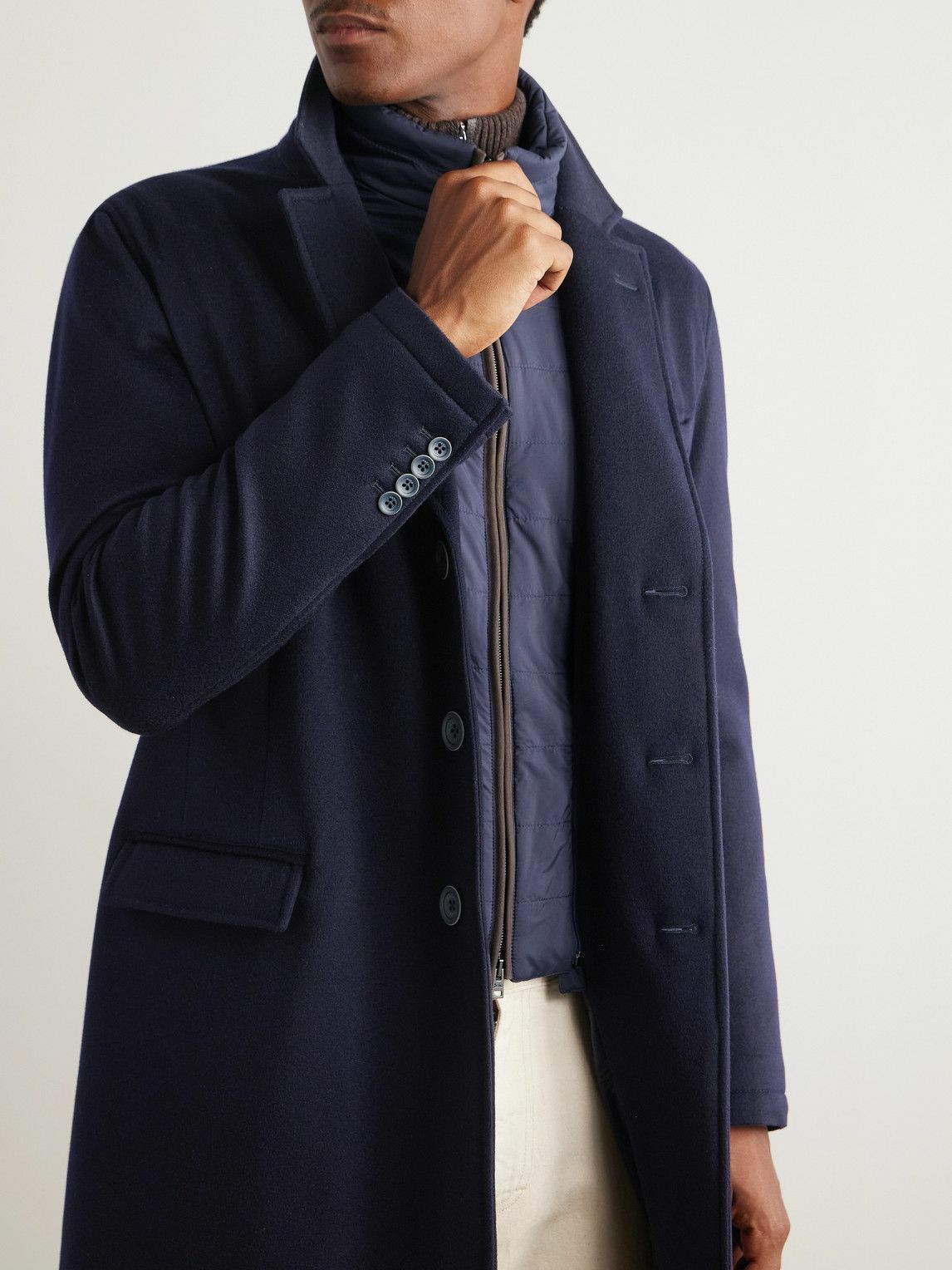 Herno Shell Trimmed Wool Coat with Detachable Gilet Blue Herno