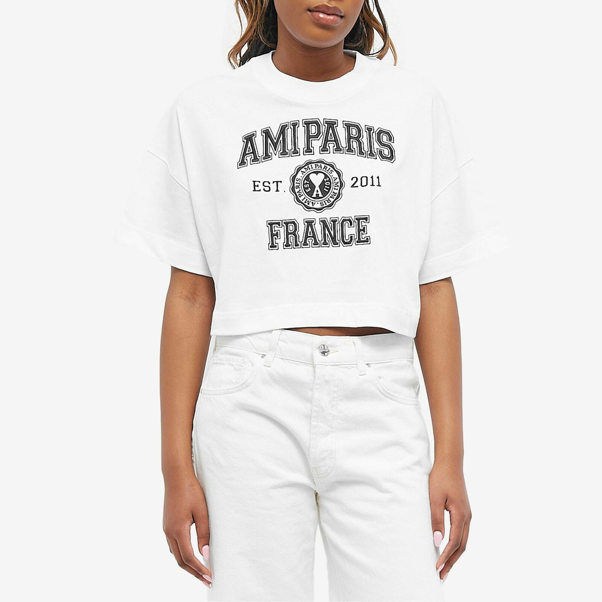 AMI Paris Women's Logo Cropped T-Shirt in Wool Tricotine White AMI
