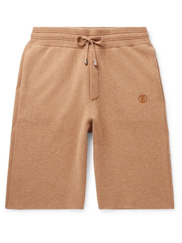 Photo: BURBERRY - Wide-Leg Logo-Embroidered Cashmere Drawstring Shorts - Brown
