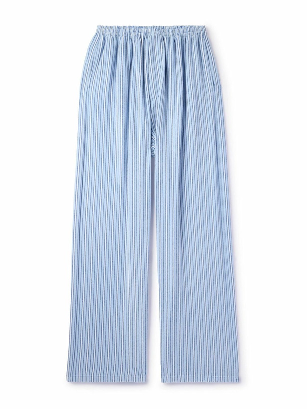 Photo: Balenciaga - Wide-Leg Striped Fleece Drawstring Pyjama Trousers - Blue