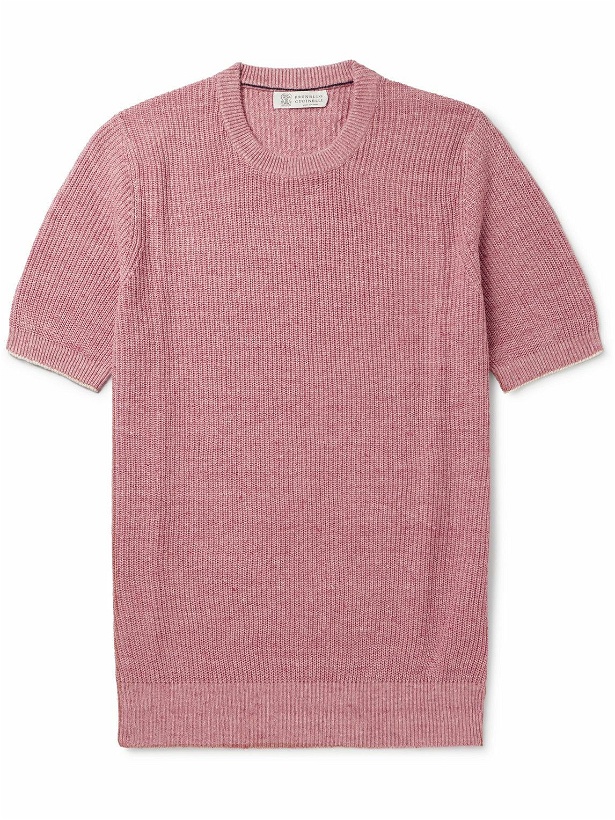 Photo: Brunello Cucinelli - Ribbed Linen and Cotton-Blend T-Shirt - Pink