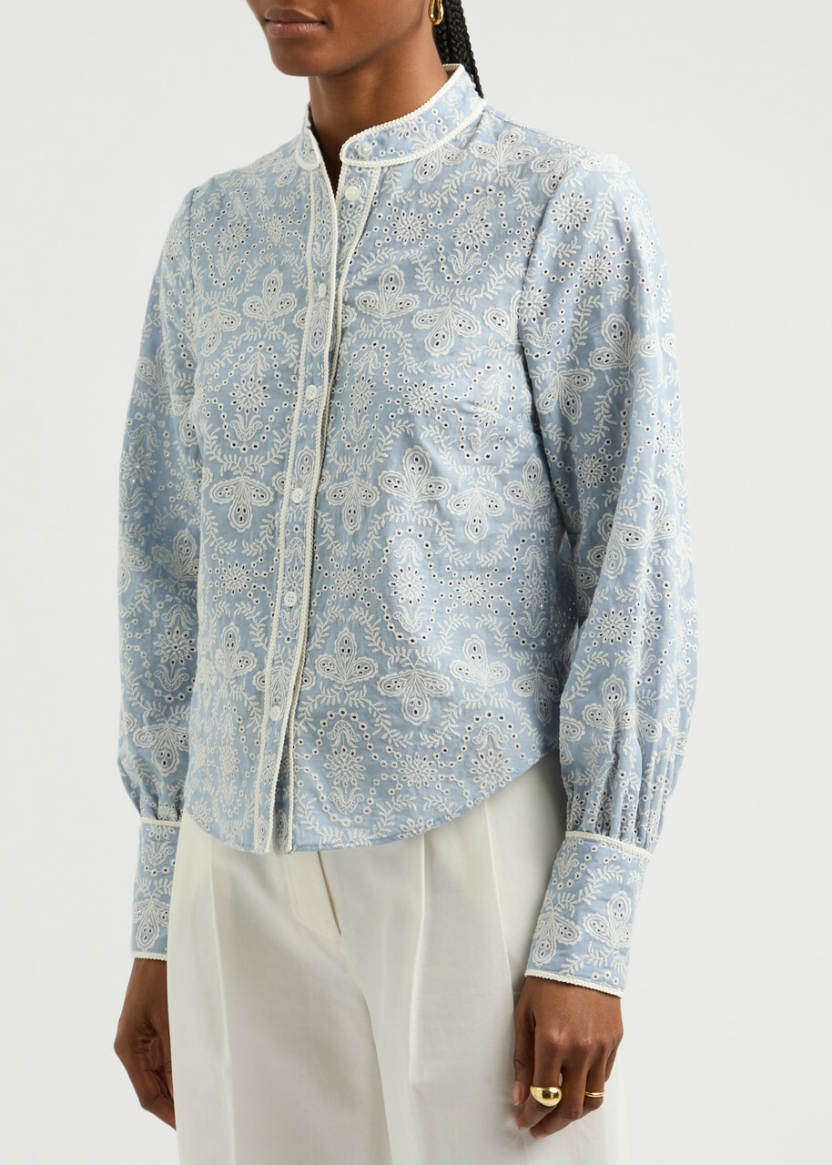 Veronica Beard Thorp Embroidered Cotton Blouse Blue Veronica