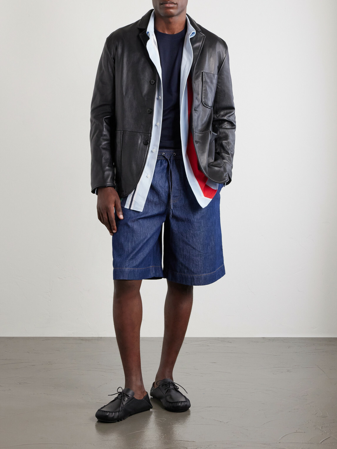 LOEWE - Wide-Leg Anagram-Detailed Cotton-Chambray Drawstring Shorts - Blue
