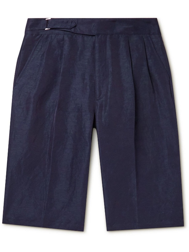 Photo: Giorgio Armani - Straight-Leg Pleated Linen-Blend Twill Bermuda Shorts - Blue