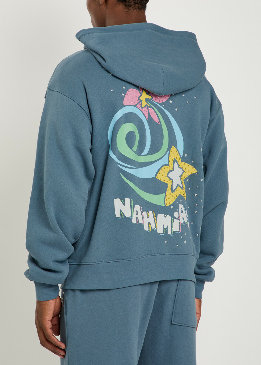 Nahmias Flower Trip Printed Hooded Cotton Sweatshirt Blue