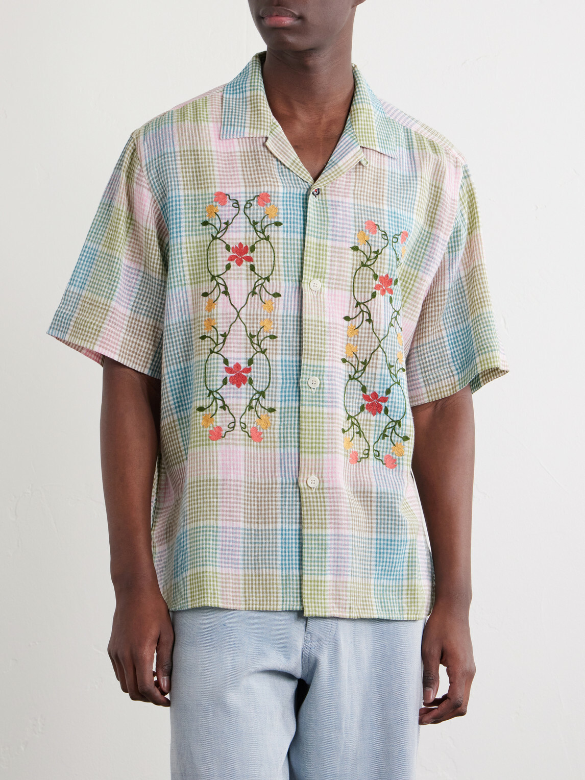 Kardo - Ronen Camp-Collar Floral-Embroidered Checked Cotton and Linen-Blend Shirt - Multi