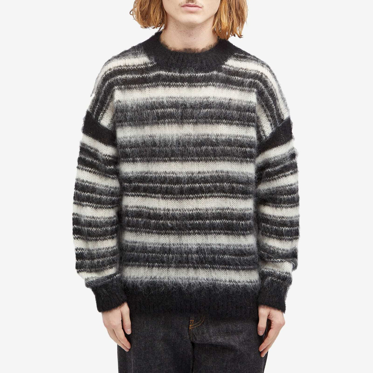 Uniform Experiment Men's Brushed Mohair Border Knit in White Uniform  Experiment