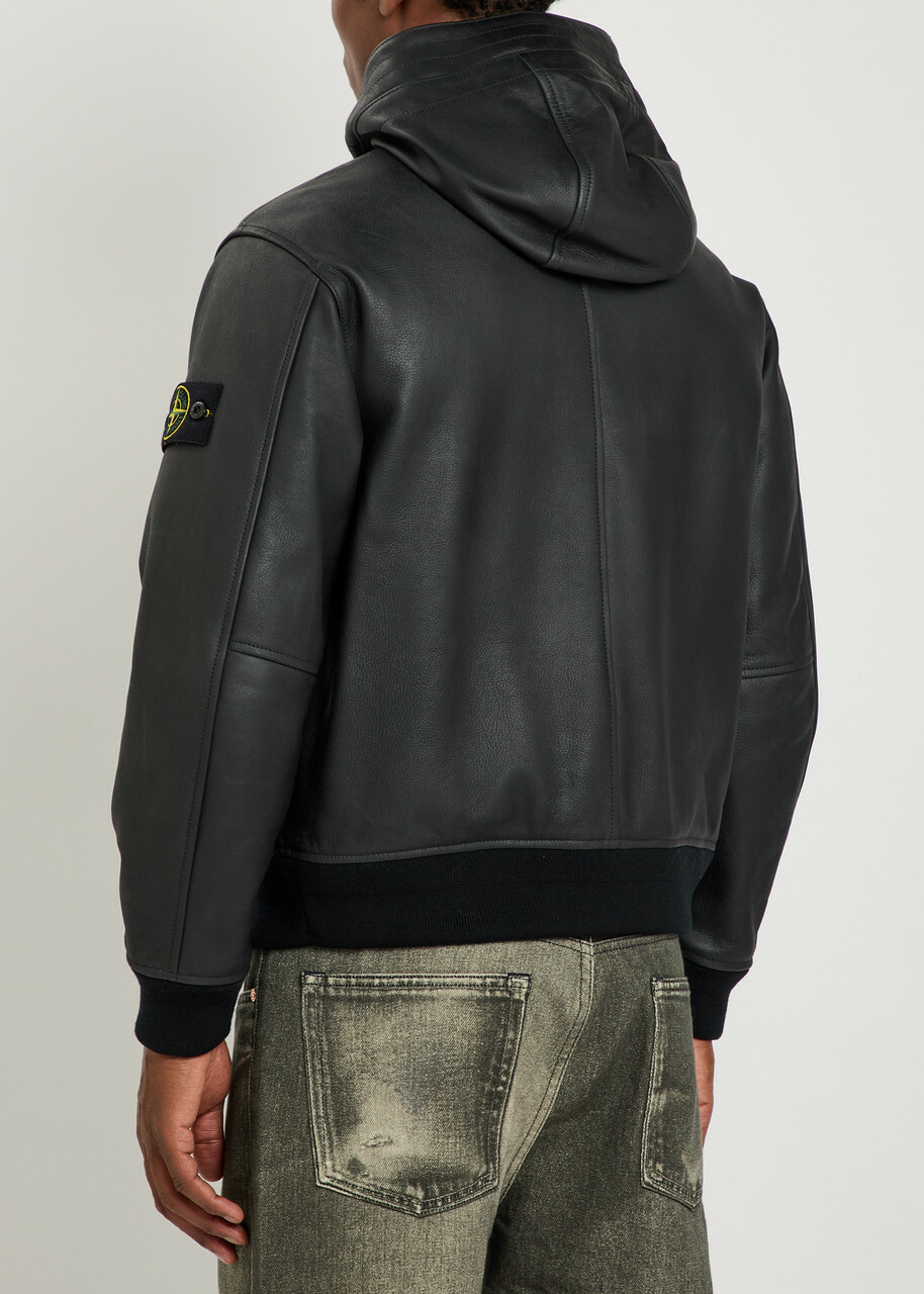 Stone Island Hooded Padded Grained Leather Jacket Black