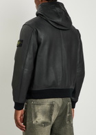 Stone Island Hooded Padded Grained Leather Jacket Black
