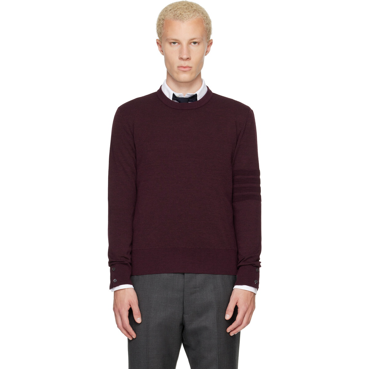Thom Browne Burgundy Ottoman Milano Stitch 4-Bar Bomber Sweater