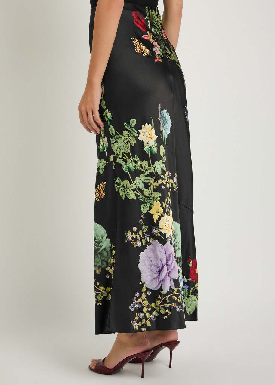 Alice + Olivia Terese Floral-print Satin Maxi Skirt Black