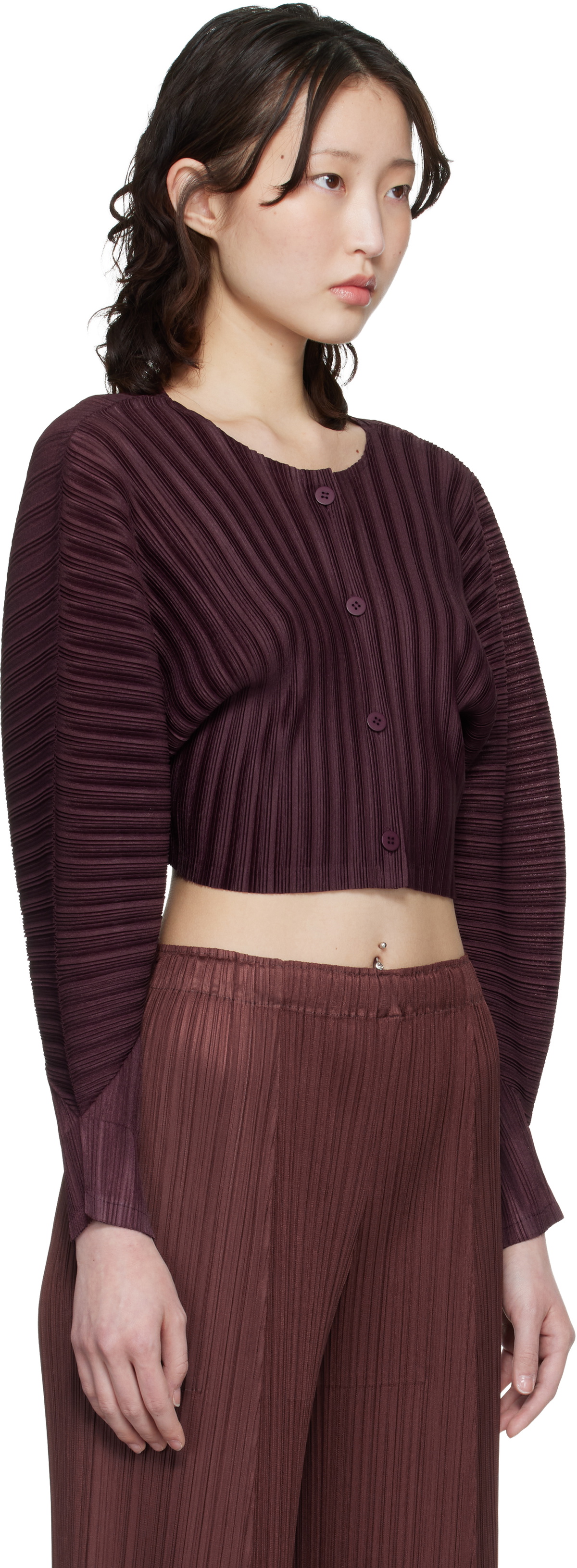 PLEATS PLEASE ISSEY MIYAKE Burgundy Rib Pleats January Cardigan