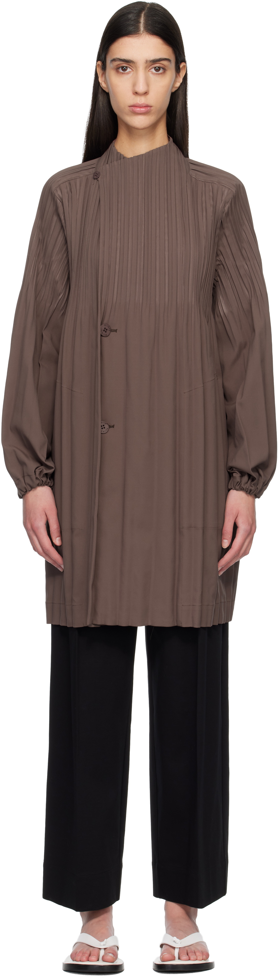 PLEATS PLEASE ISSEY MIYAKE Brown Smooth Coat