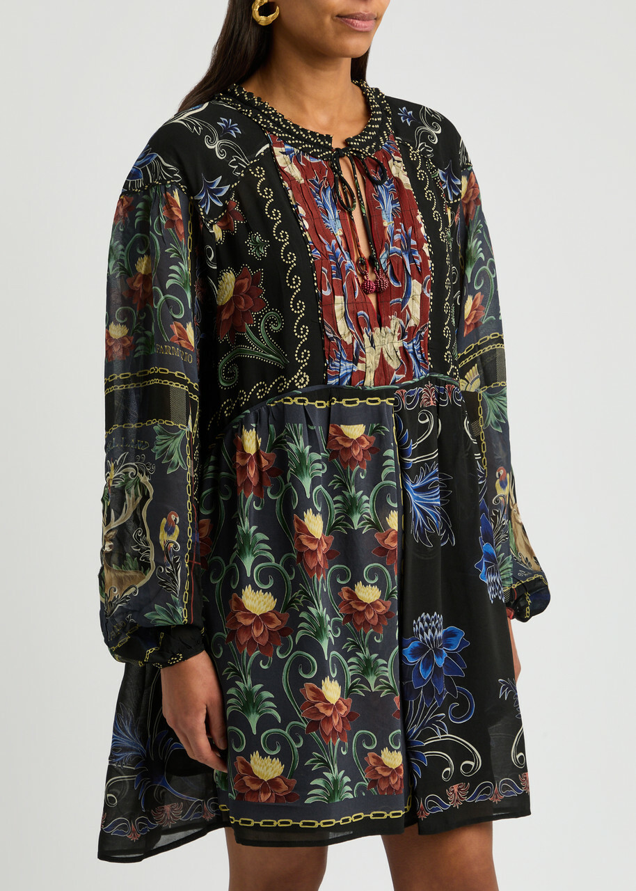 Farm Rio Patchwork-print Georgette Mini Dress Black