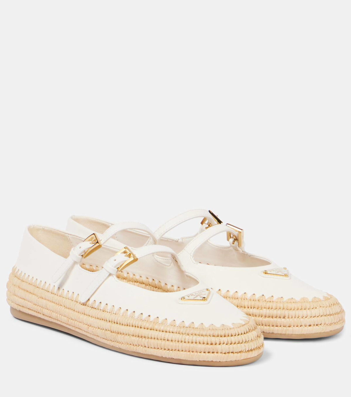Prada Leather and raffia Mary Jane flats