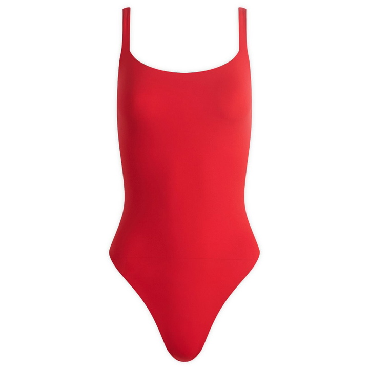 Photo: SKIMS Women's Fits Everybody Square Neck Bodysuit in Cherry
