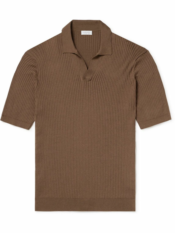 Photo: Sunspel - Ribbed Mulberry Silk and Organic Cotton-Blend Polo Shirt - Brown