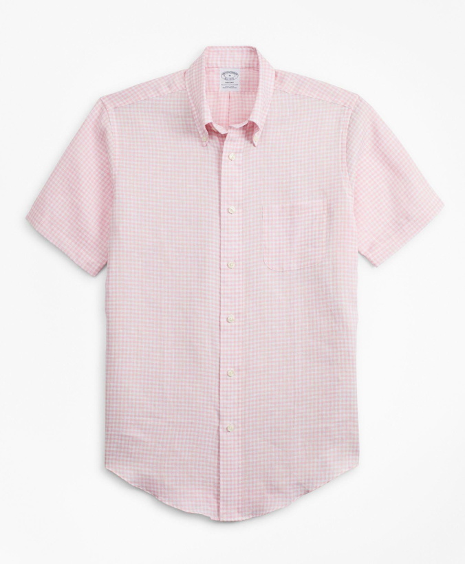 Photo: Brooks Brothers Men's Regent Regular-Fit Sport Shirt, Gingham Irish Linen Short-Sleeve | Pink