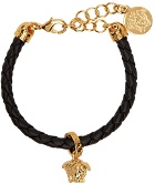 Versace Black & Gold Leather Braided Charm Bracelet