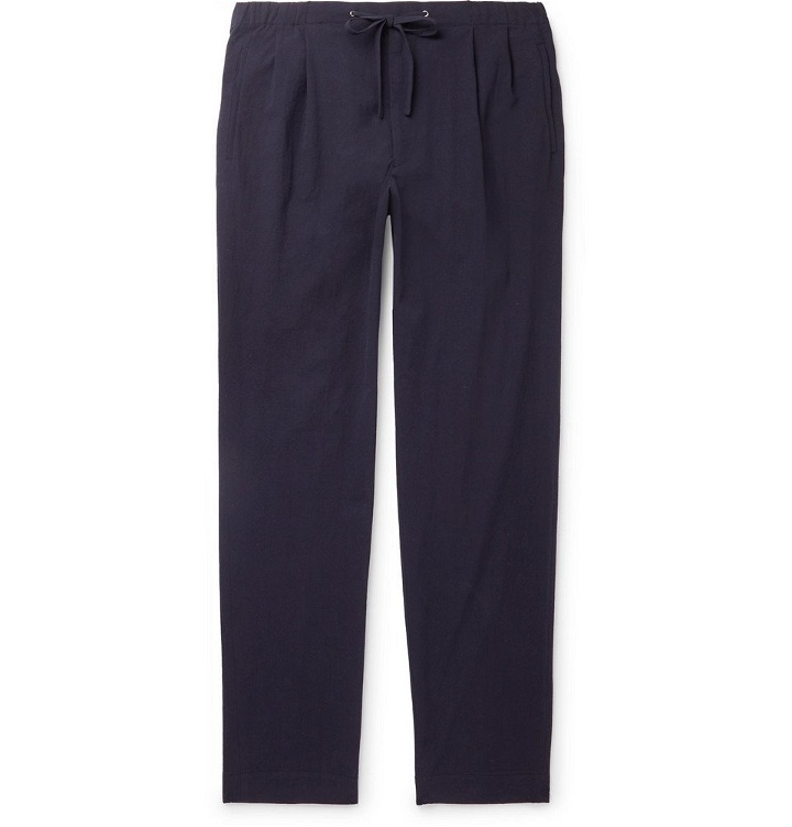Photo: Camoshita - Navy Tapered Pleated Washed-Cotton Drawstring Trousers - Navy