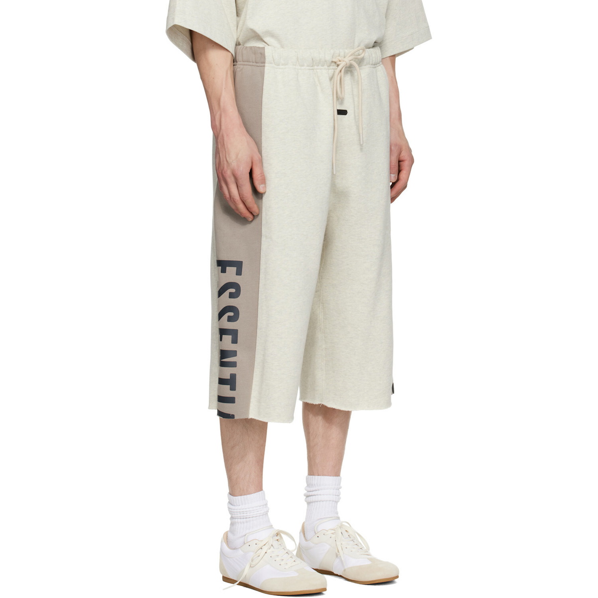 Fear of God ESSENTIALS Beige & Gray Panelled Raw Cut Off Sweat Shorts