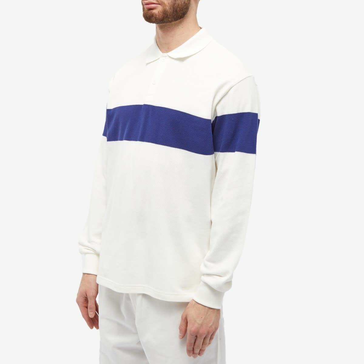 Beams Plus Men's Pique Stripe Long Sleeve Polo Shirt in White Beams Plus