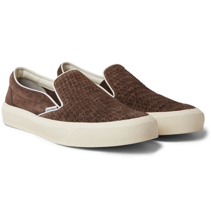 Photo: TOM FORD - Cambridge Leather-Trimmed Woven Suede Slip-On Sneakers - Brown