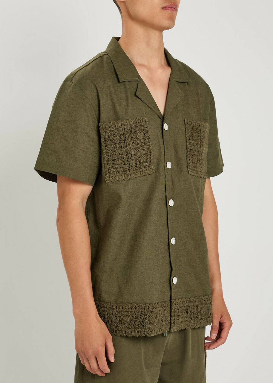 Che Inigo Crochet-trim Cotton and Linen-blend Shirt Dark Green