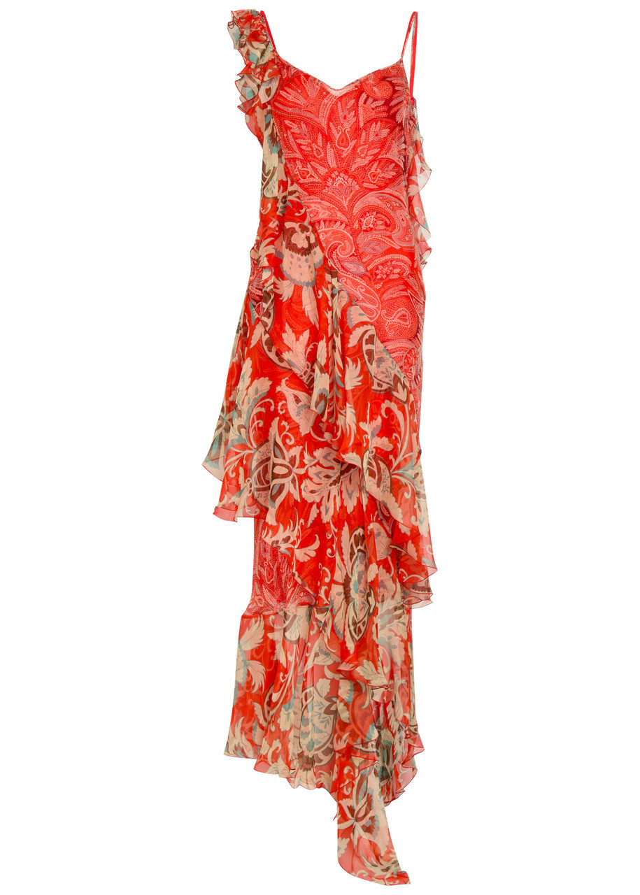 Etro Floral Print Ruffled Silk Maxi Dress Multicoloured