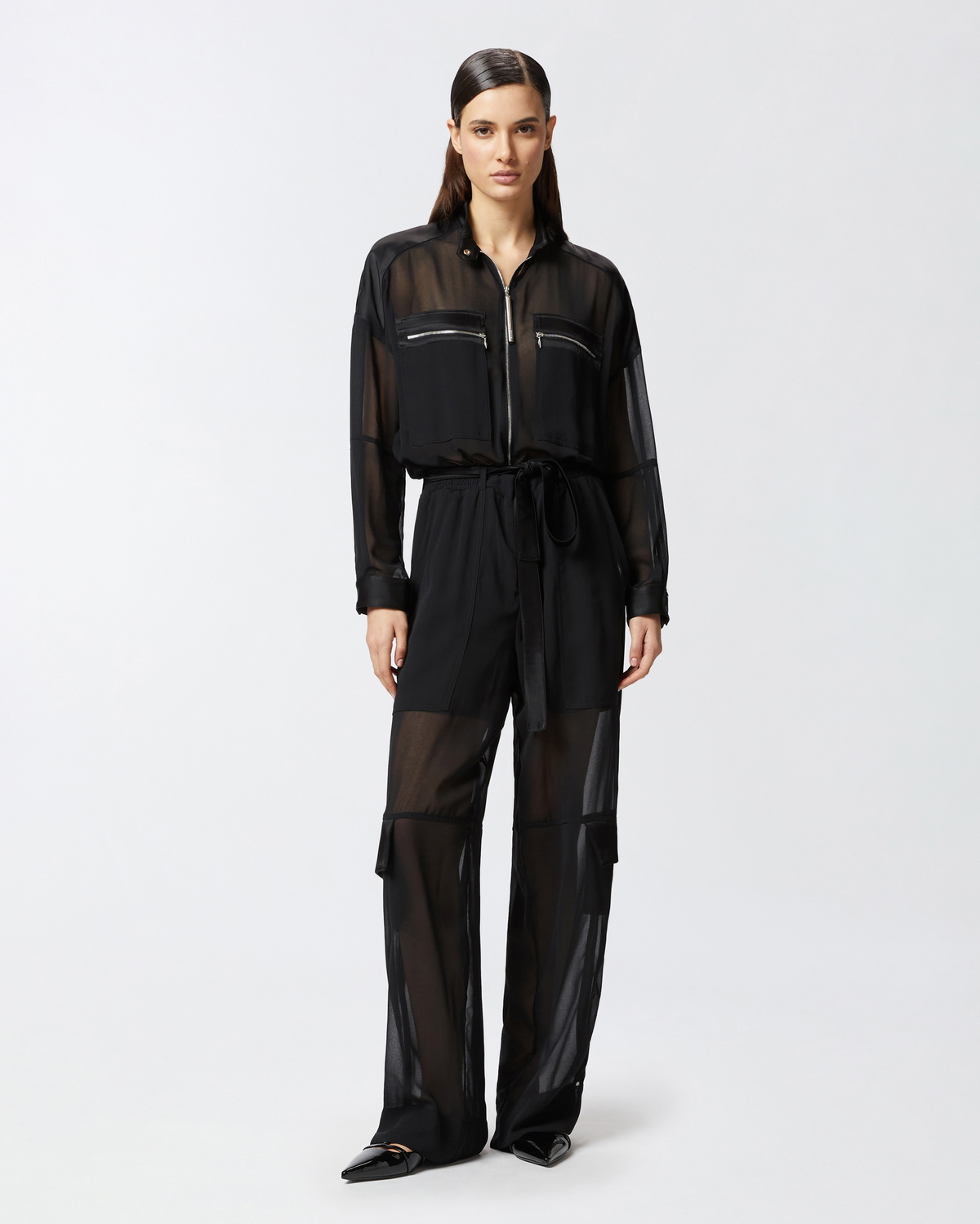 Pinko Cargo Jumpsuit In Georgette And Shiny Satin Limo Black