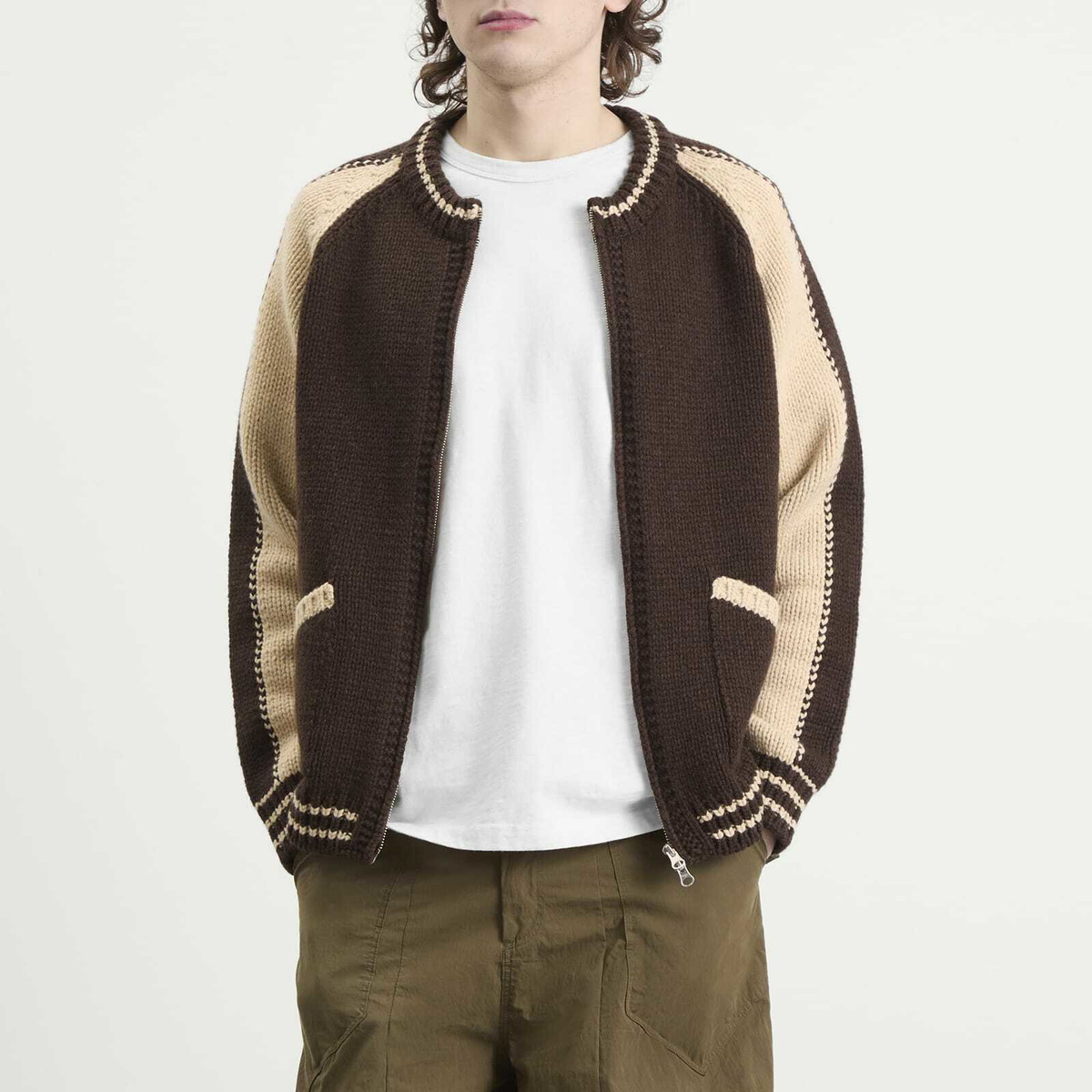 FrizmWORKS Men's Wool Varsity Zip Cardigan in Brown