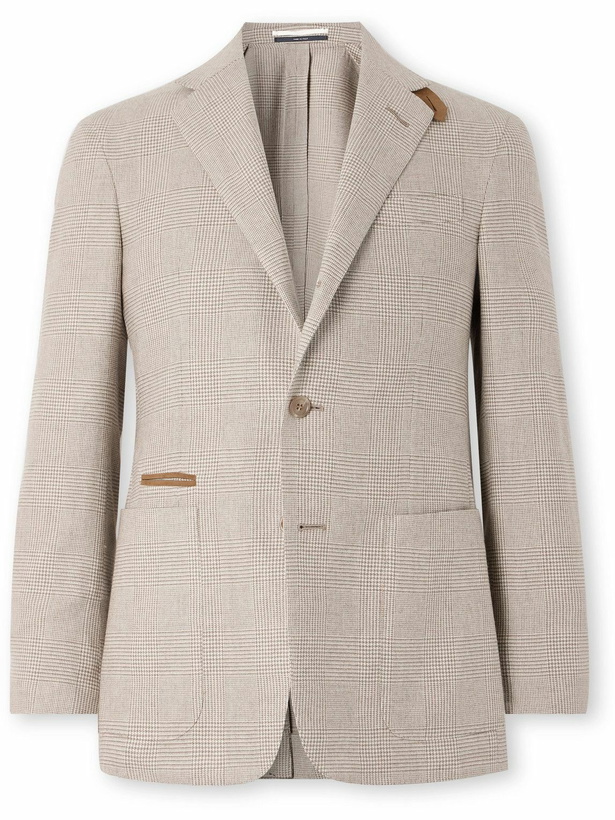 Photo: Dunhill - Cavendish Suede-Trimmed Prince of Wales Checked Wool, Silk and Cashmere-Blend Blazer - Neutrals