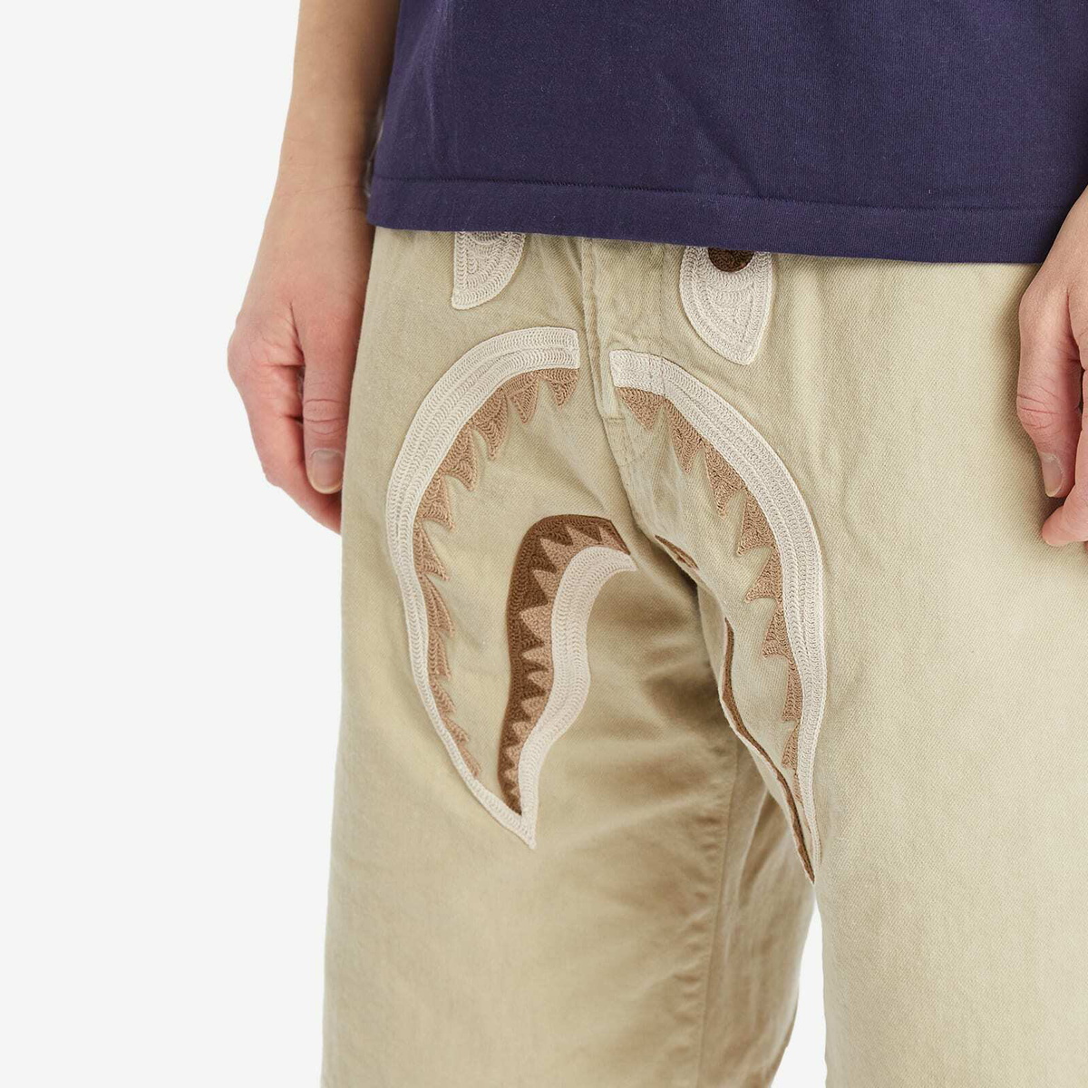 A Bathing Ape Men's Shark Garment Dye Relaxed Fit Denim Shorts in Beige