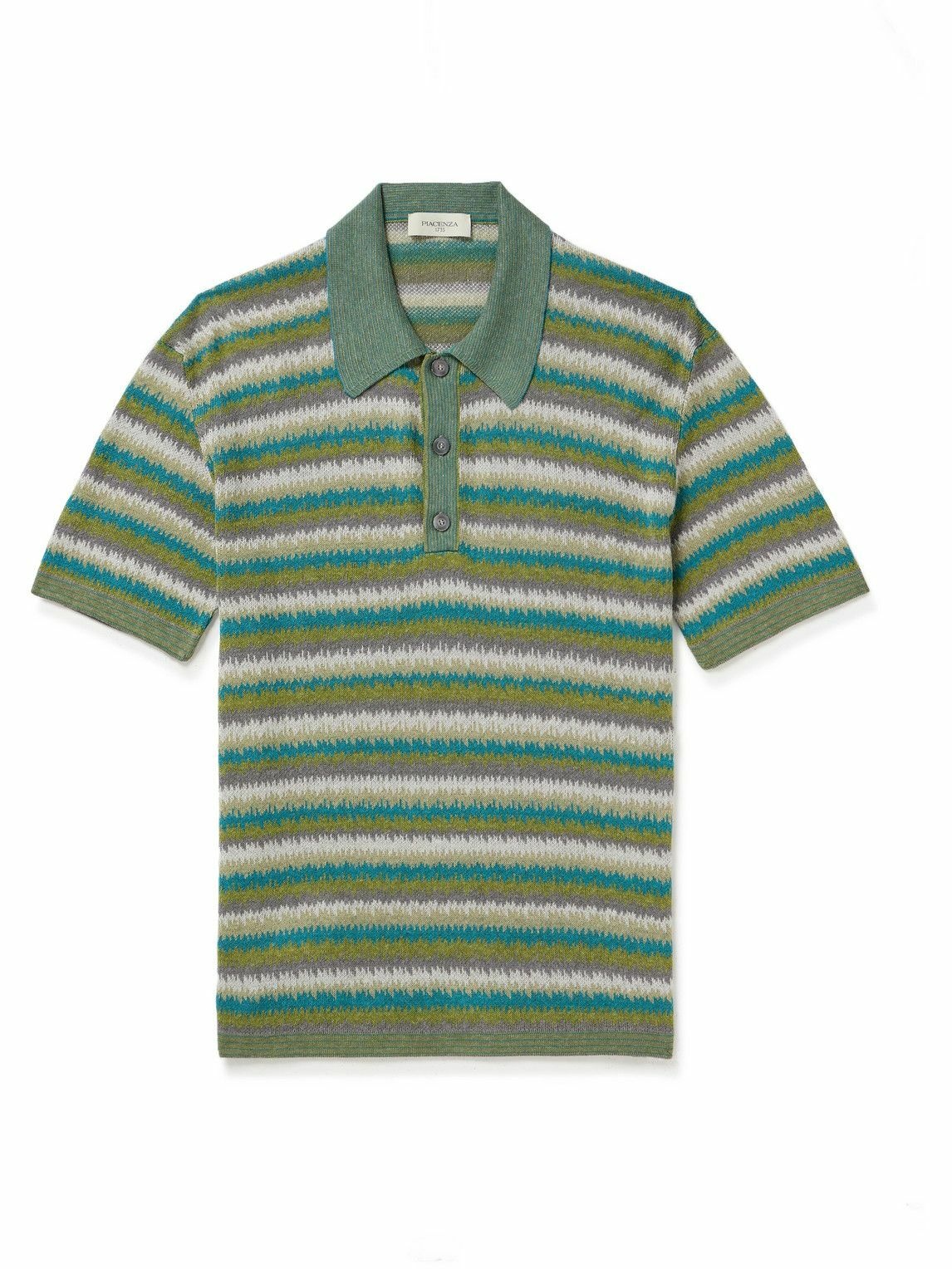 Photo: PIACENZA 1733 - Jacquard-Knit Striped Silk and Linen-Blend Polo Shirt - Green