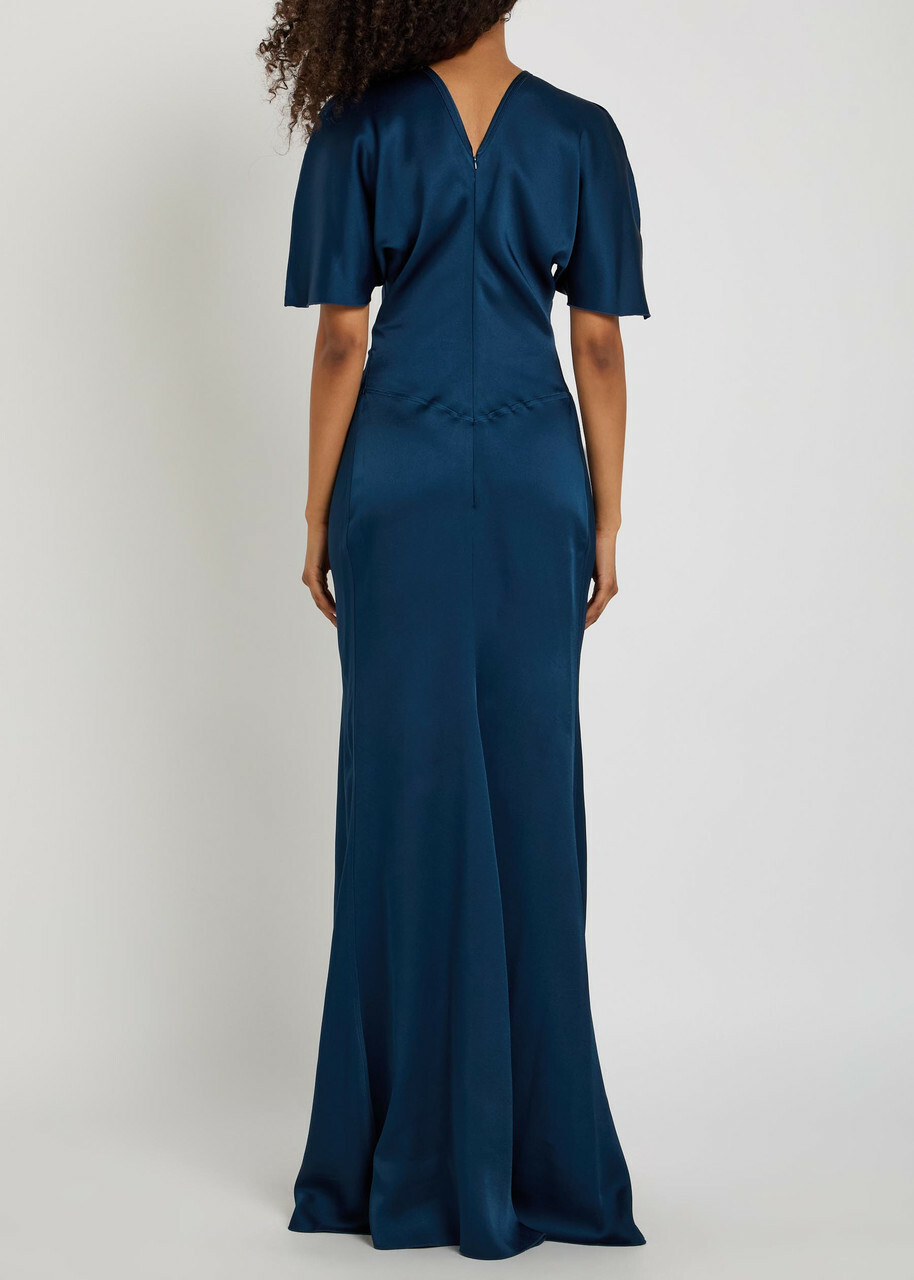 Victoria Beckham Isabella Gathered Satin-crepe Gown Dark Blue