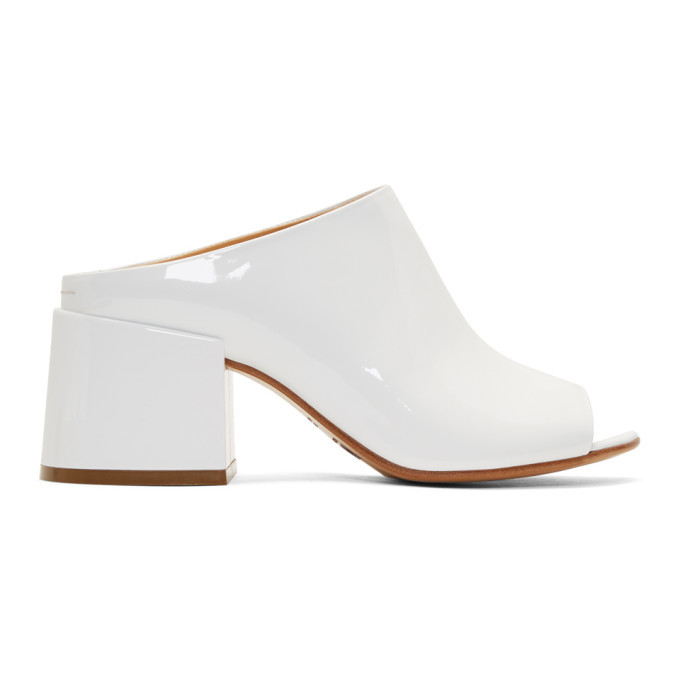 MM6 Maison Martin Margiela White Patent Flare Heel Mules MM6