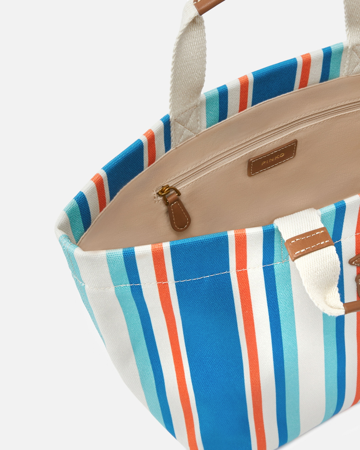 Pinko Medium Shopper Bag In Striped Canvas Orange/Light Blue Antique Gold