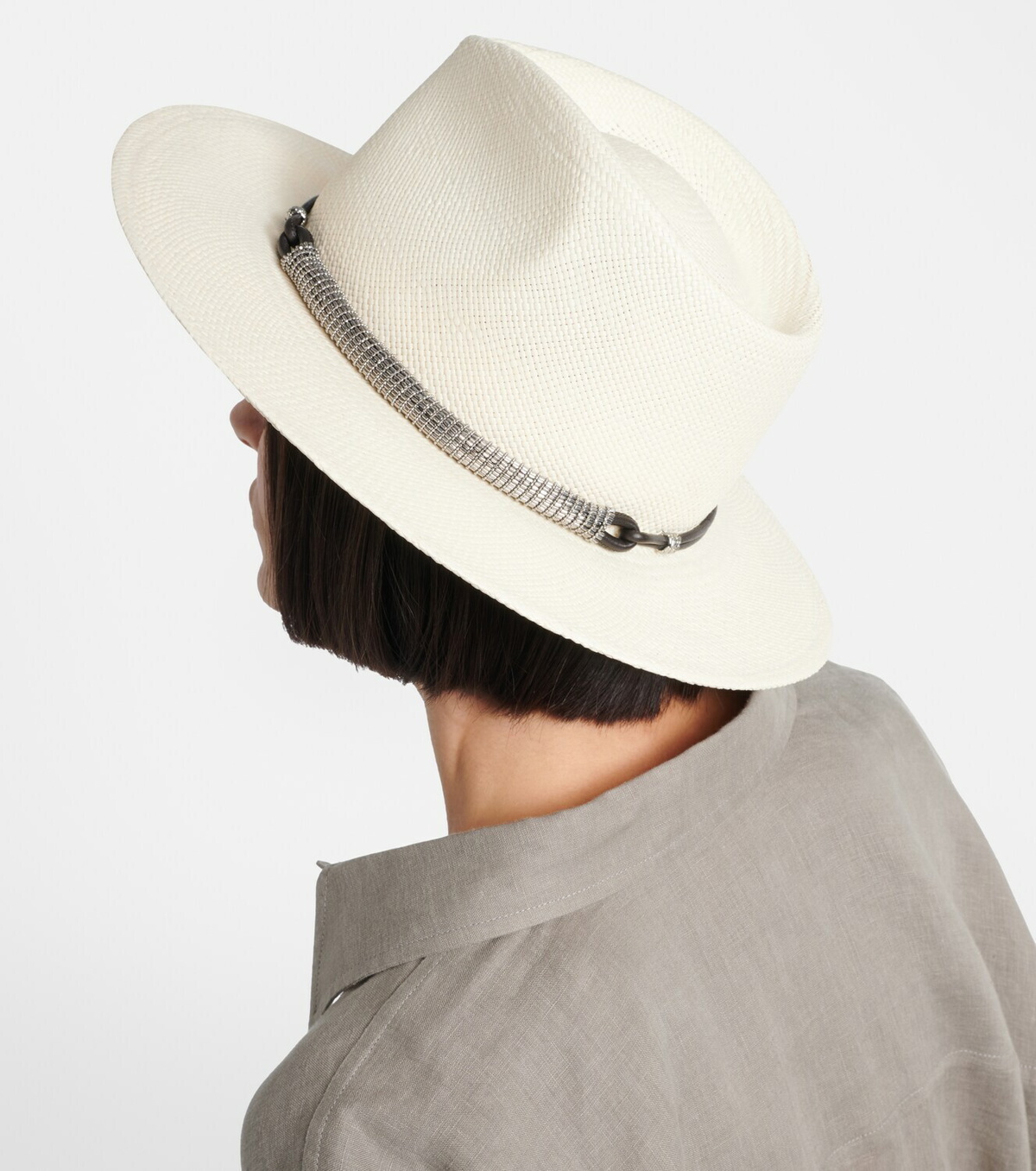 Brunello Cucinelli Leather-trimmed straw fedora hat