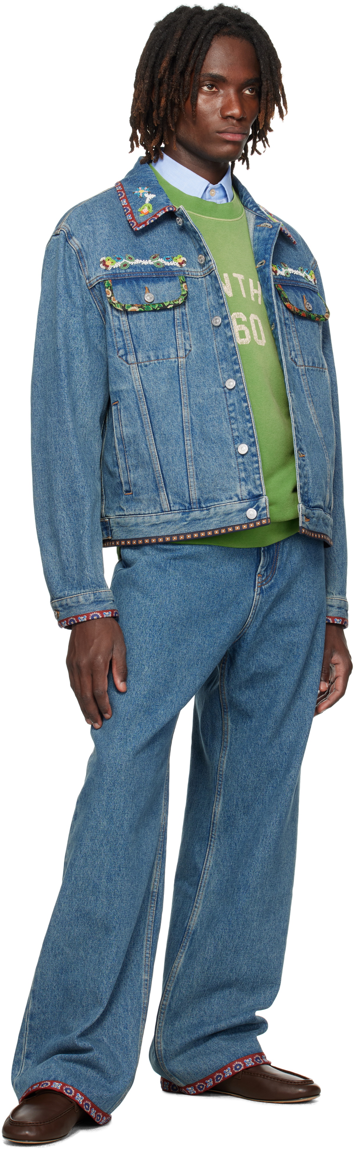 Valentino Blue Beaded Embroidery & Printed Edges Denim Jacket