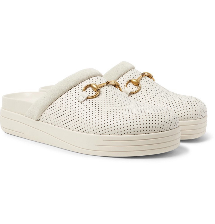 Photo: Gucci - Horsebit Suede-Trimmed Perforated Leather Sandals - Men - Cream