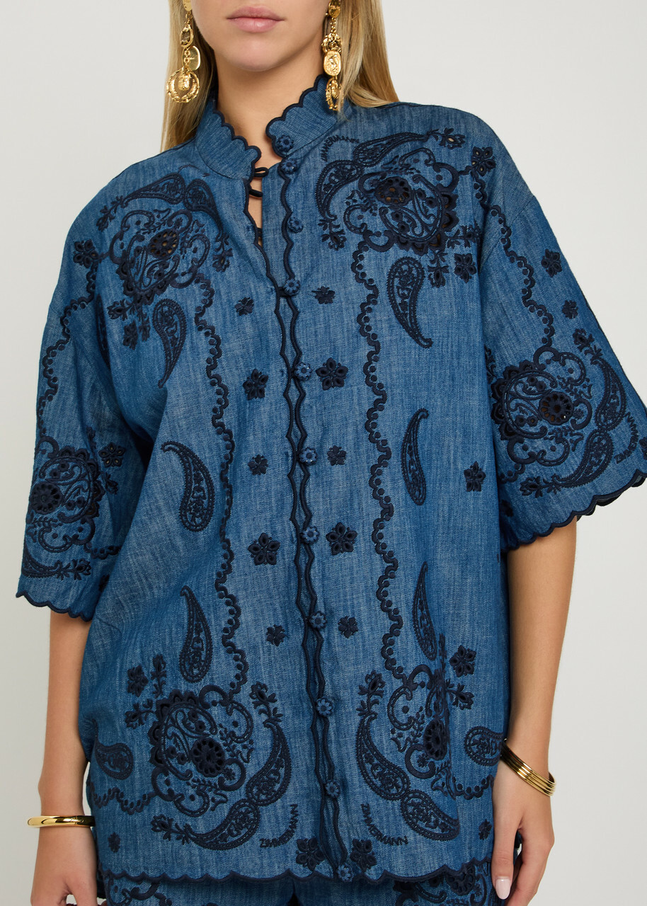 Zimmermann Aster Embroidered Denim Shirt Blue
