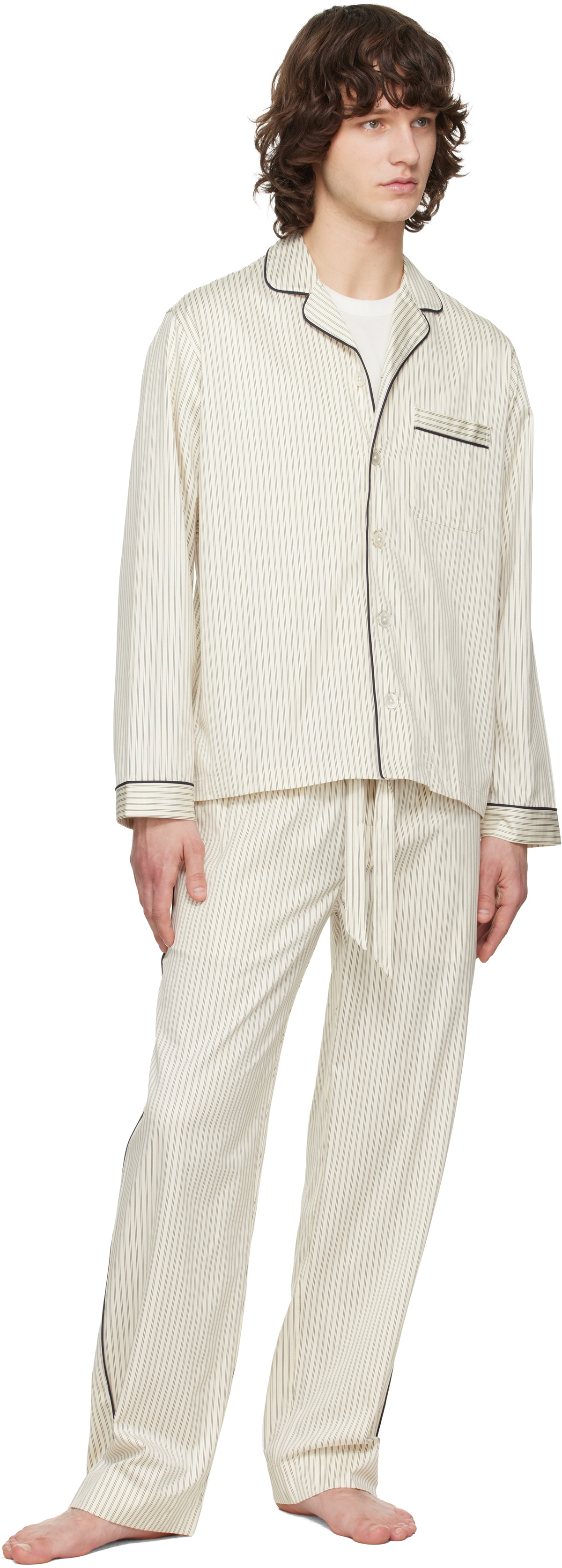 Tekla Beige Sateen Long-Sleeved Pyjama Shirt